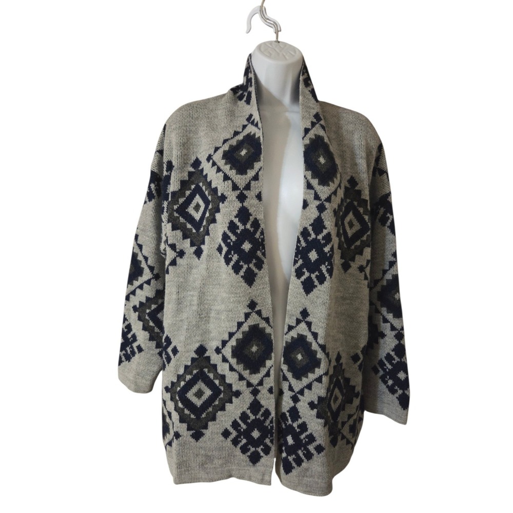 Bertolini Wool Blend Tribal Geometric Open Cardigan Sweater Gray Blue M Italy